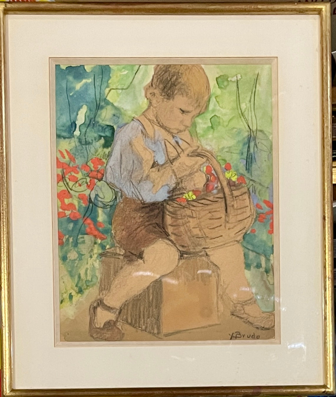 Yvonne BRUDO (XXe) - Enfant assis avec panier de fleurs